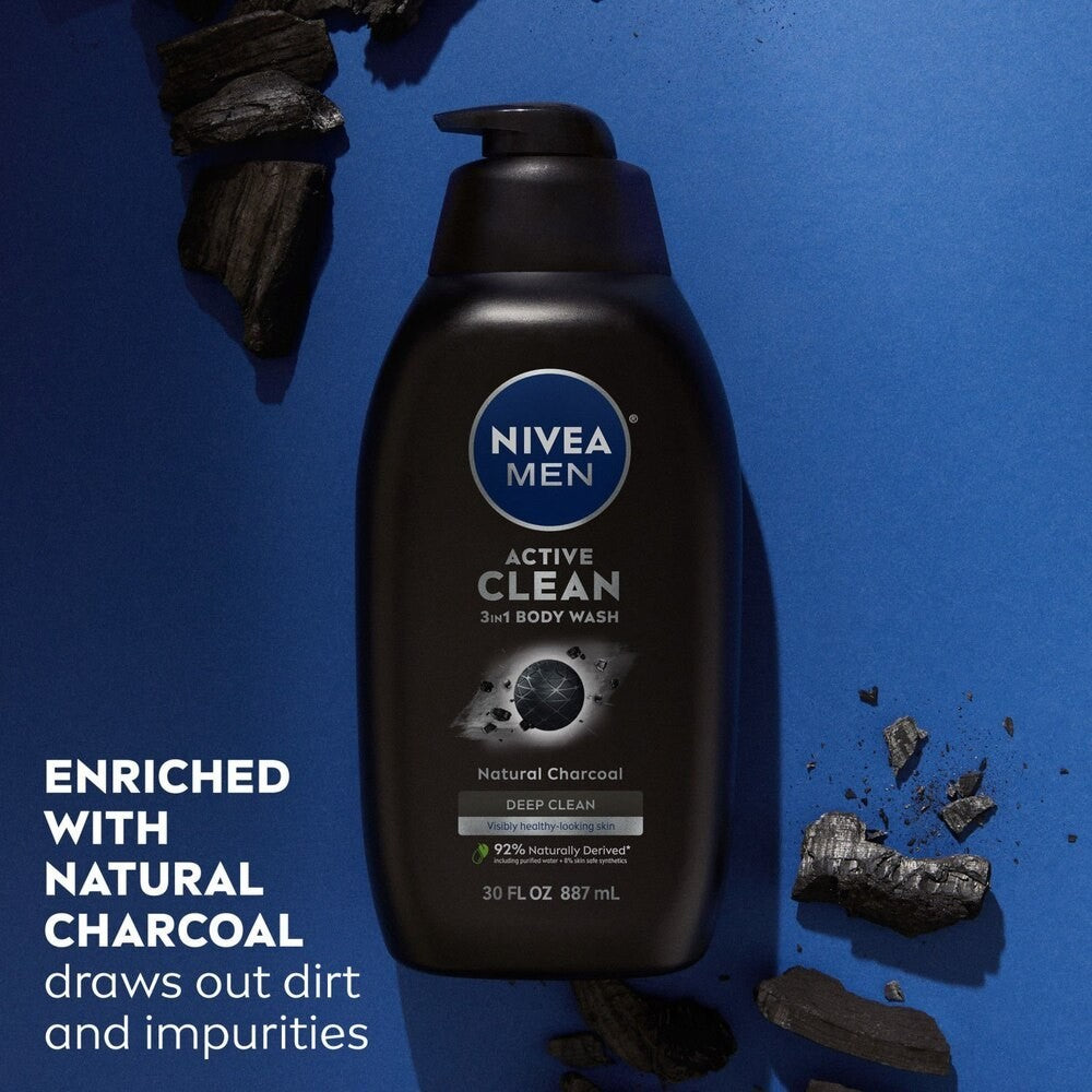 Men’s Charcoal Body Wash 30oz - 3 Pack, Deep Cleansing, Natural Ingredients