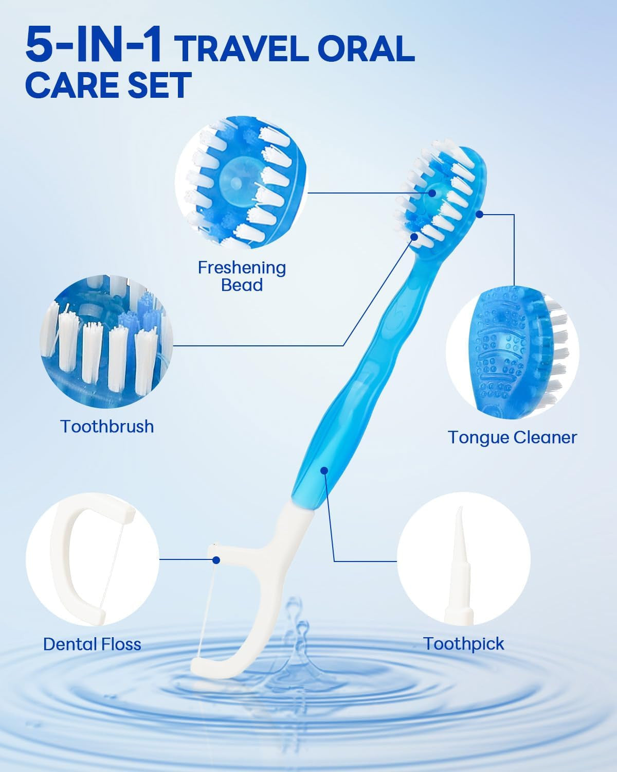 Mini Disposable Travel Toothbrush Set with 5-in-1 Oral Care Includes Floss & Beads