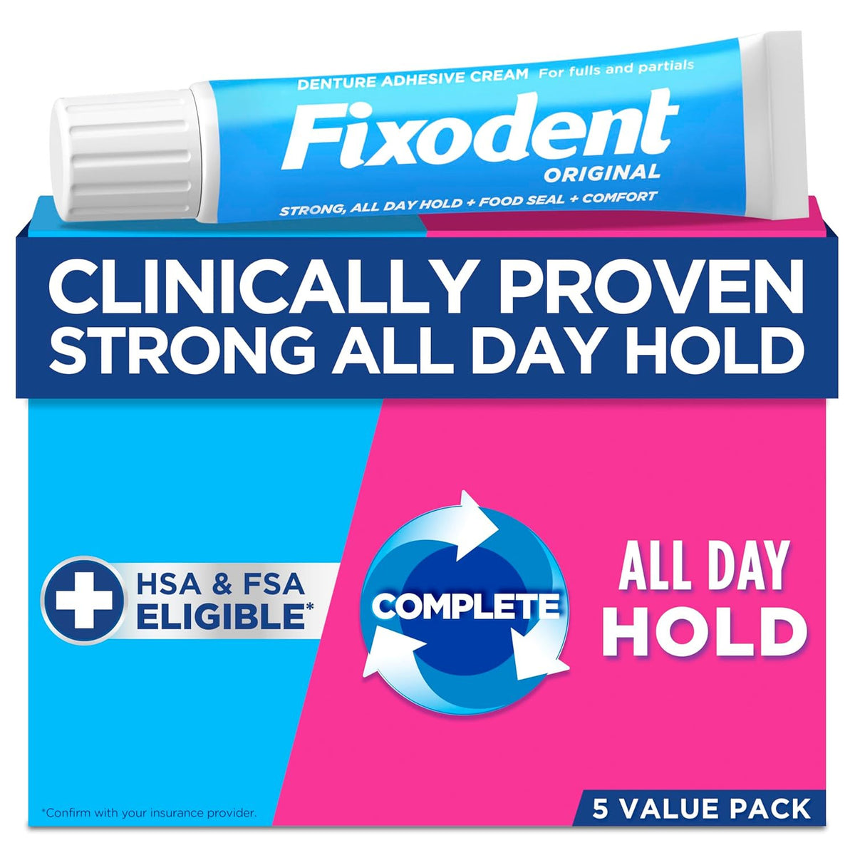 Denture Adhesive Cream 2.4oz Strong All-Day Hold for Full & Partial Dentures