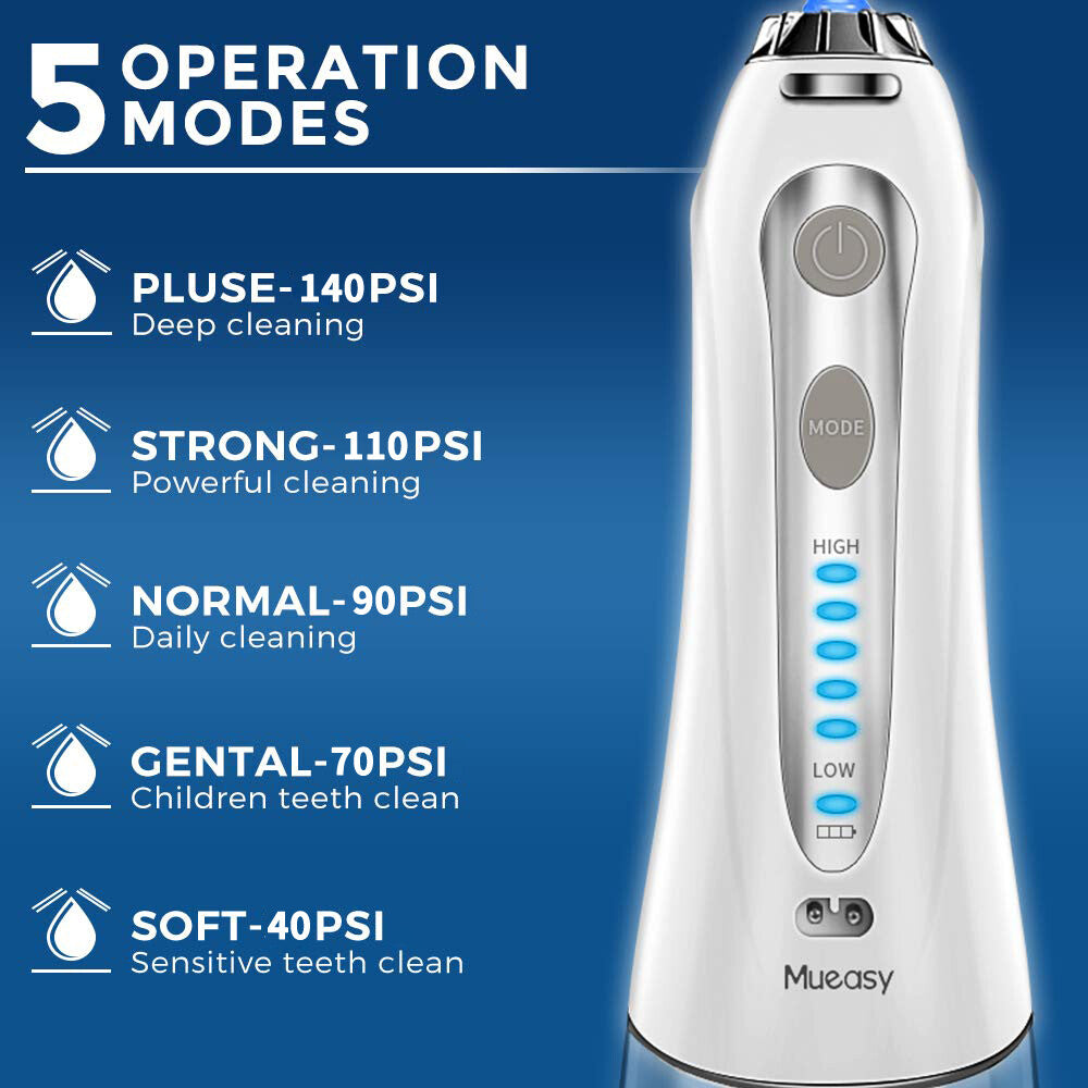 Rechargeable Cordless Dental Water Flosser with 5 Tips, 300ml Tank & Travel Design