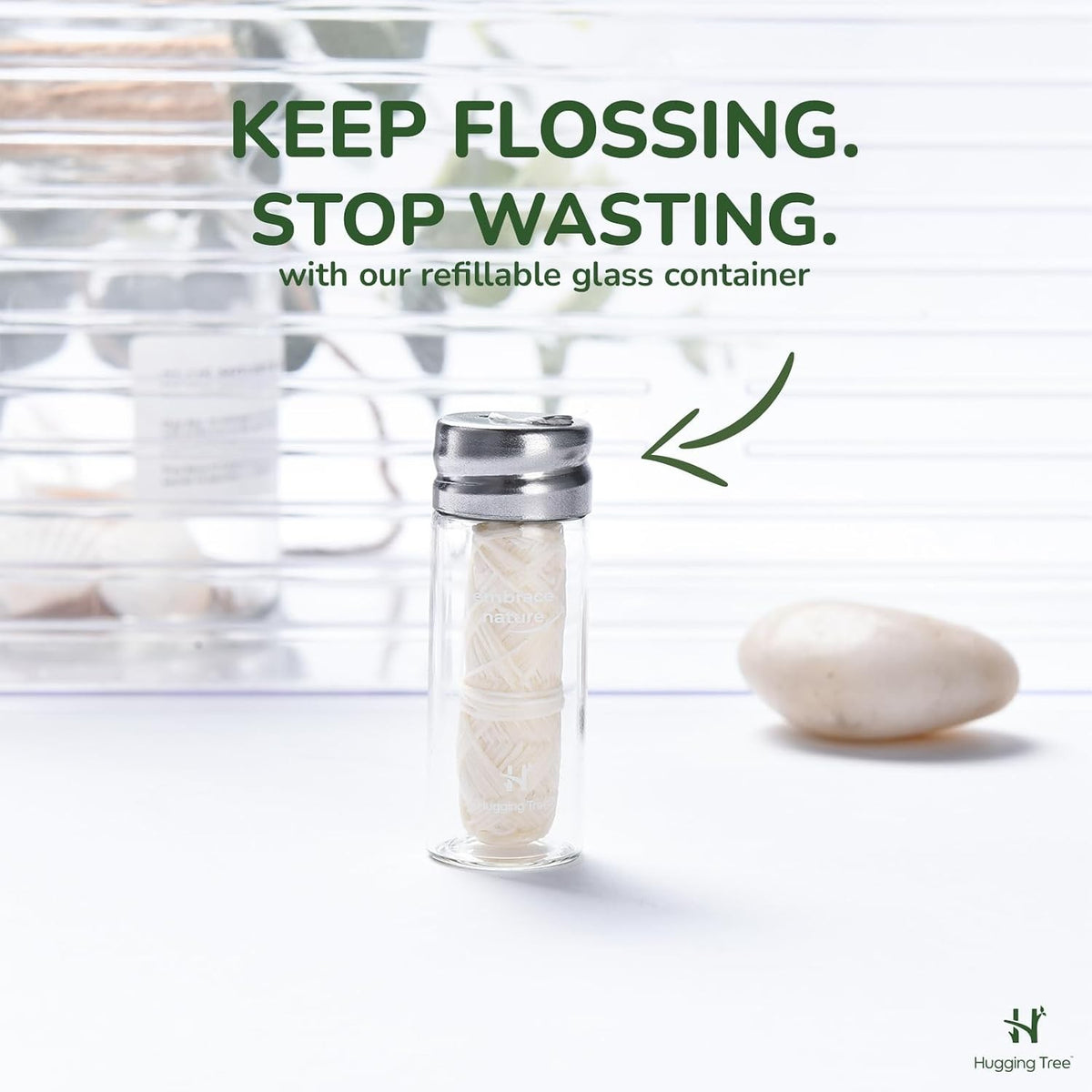 Natural Silk Dental Floss with Reusable Glass Dispenser - Eco-Friendly, Biodegradable, Zero Waste