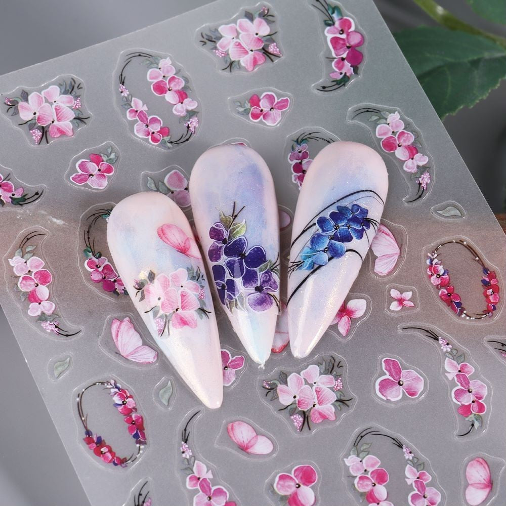 Pink Blue Floral Wreath Nail Stickers Petal Flower Cluster with Butterfly - Self-Adhesive Decals