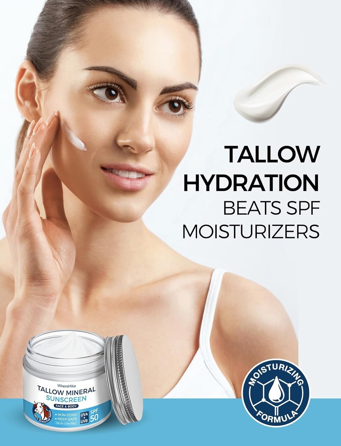 Organic Beef Tallow Sunscreen SPF 50 with Zinc Oxide Non-Toxic Moisturizer