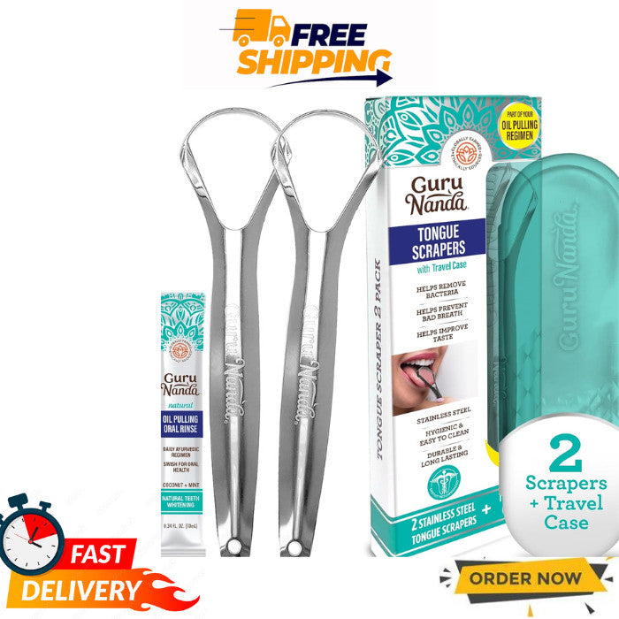 Stainless Steel Tongue Scraper 2 Pack with Travel Case - Oral Hygiene Tool