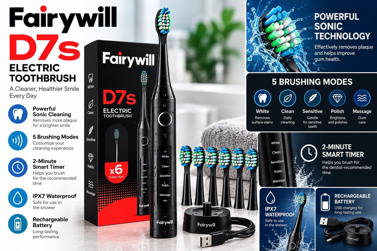 Electric Toothbrush with 5 Modes & 6 Replacement Heads - Waterproof Rechargeable Sonic Brush