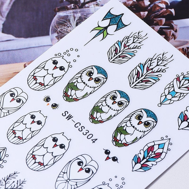 Boho Owl Feather Nail Art Stickers Self-Adhesive Decals - Tree Bird Design