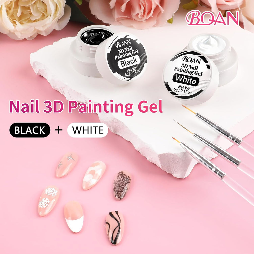 Nail Art Gel Paint Set - Black & White No Wipe Gel Polish for French Tips