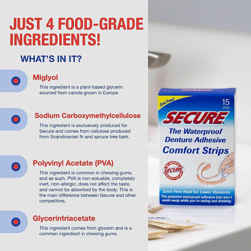 Waterproof Denture Adhesive Strips - Secure Fit, 15 Count