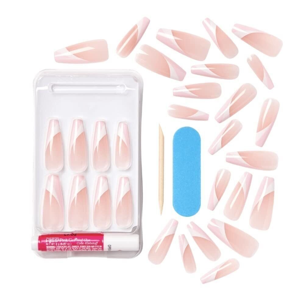 Pink & White Long Square Nail Tips - Fake False Acrylic Nails