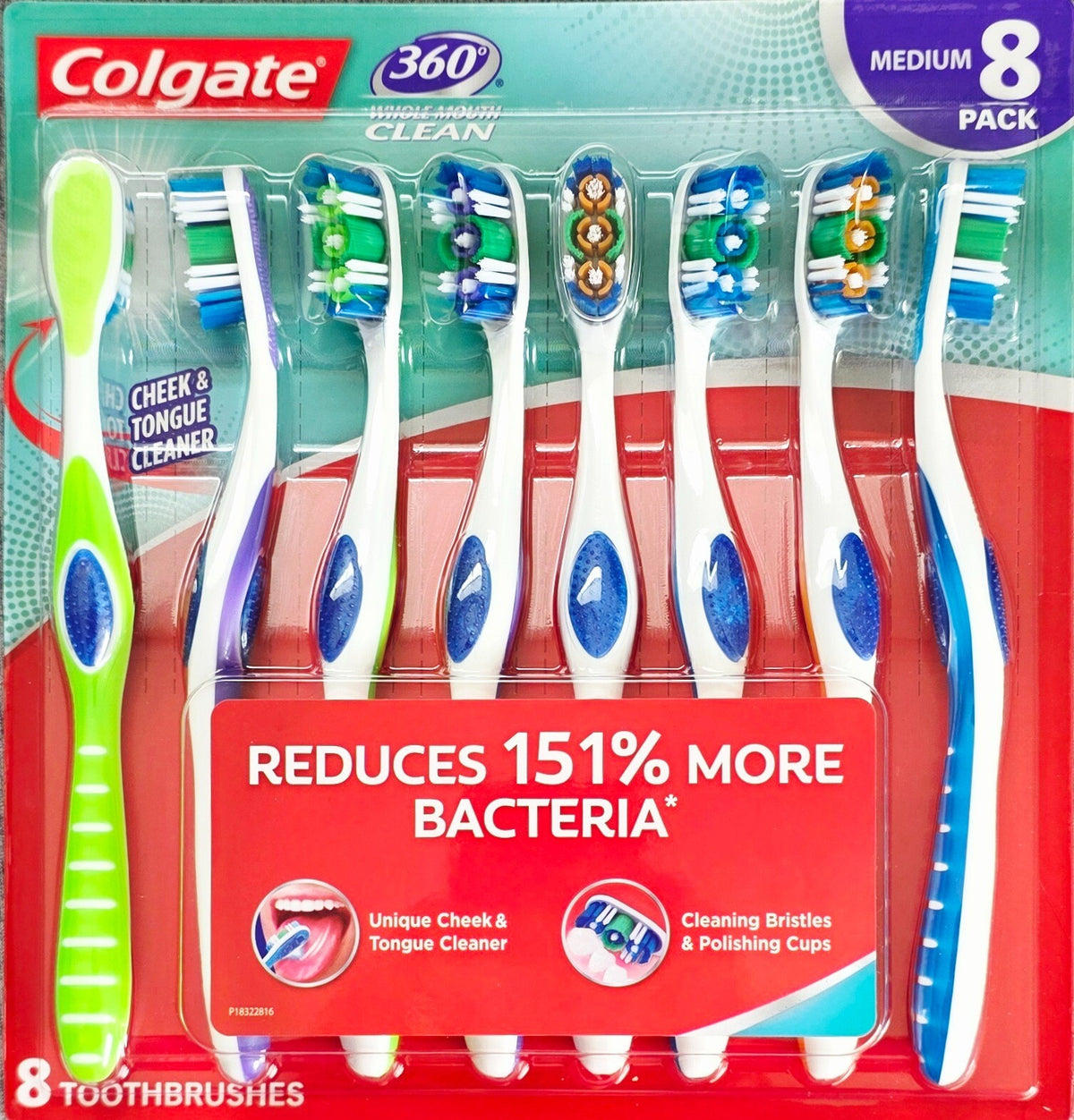 Colgate 360 Medium Toothbrush with Tongue and Cheek Cleaner - 8 Pack