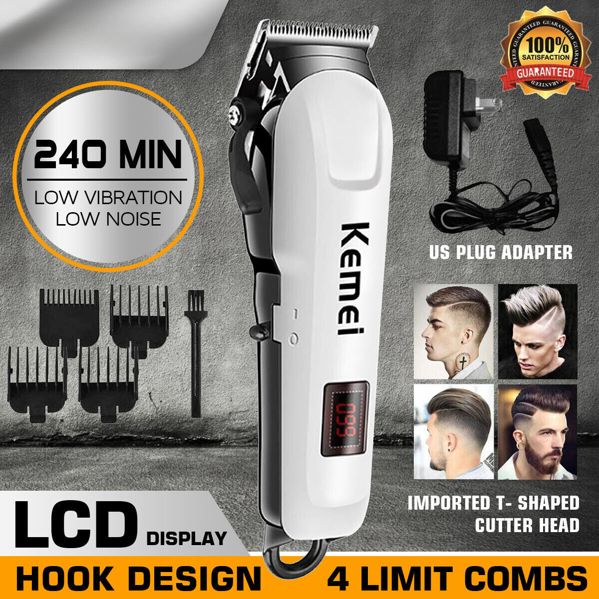Men's Hair Clipper Kit with LCD Display, 4 Guide Combs, USB Charging