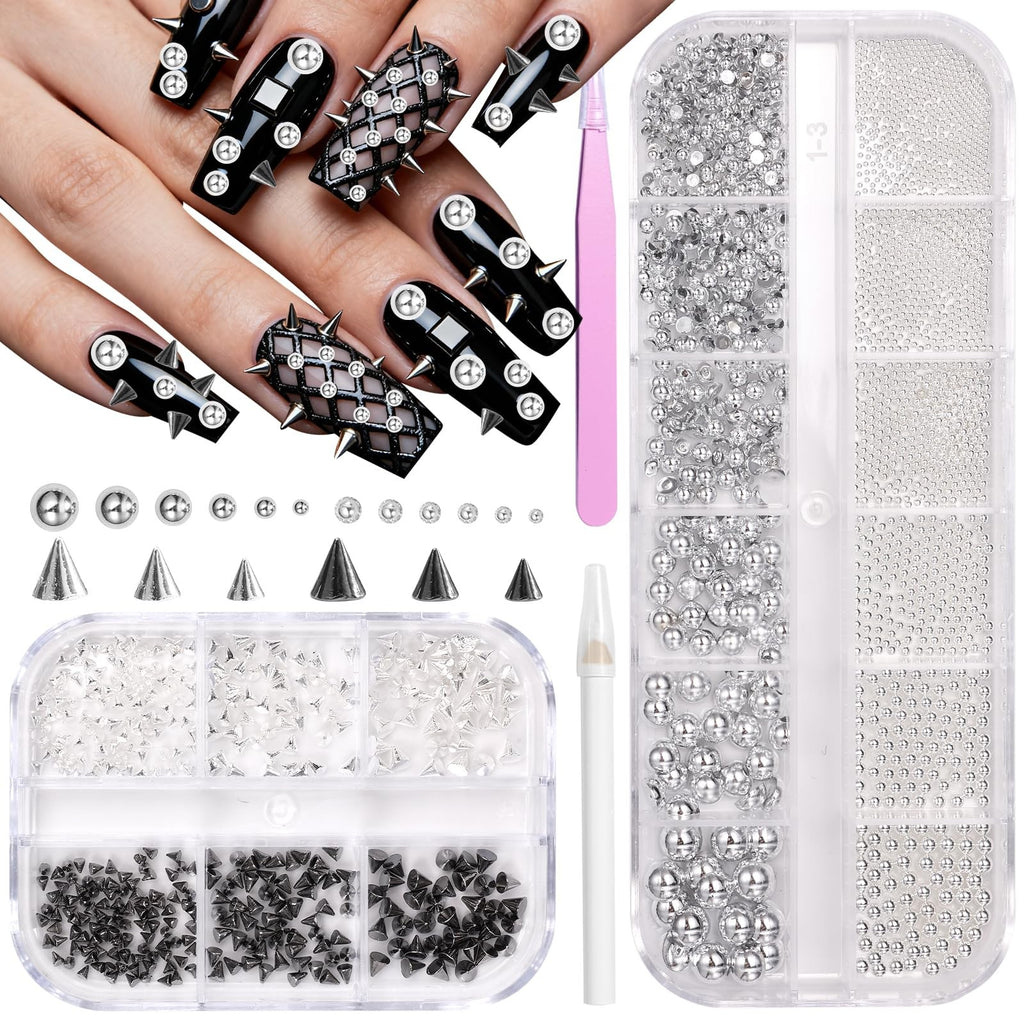 Gothic Punk Nail Charms Set with Spike Beads & Rivets for Nail Art