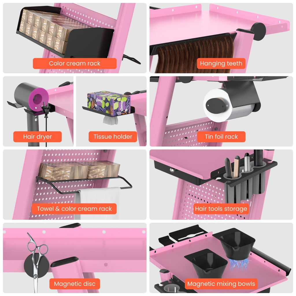 Metal Salon Trolley Cart with Drawer for Hairdressing Beauty Tattoo Pink