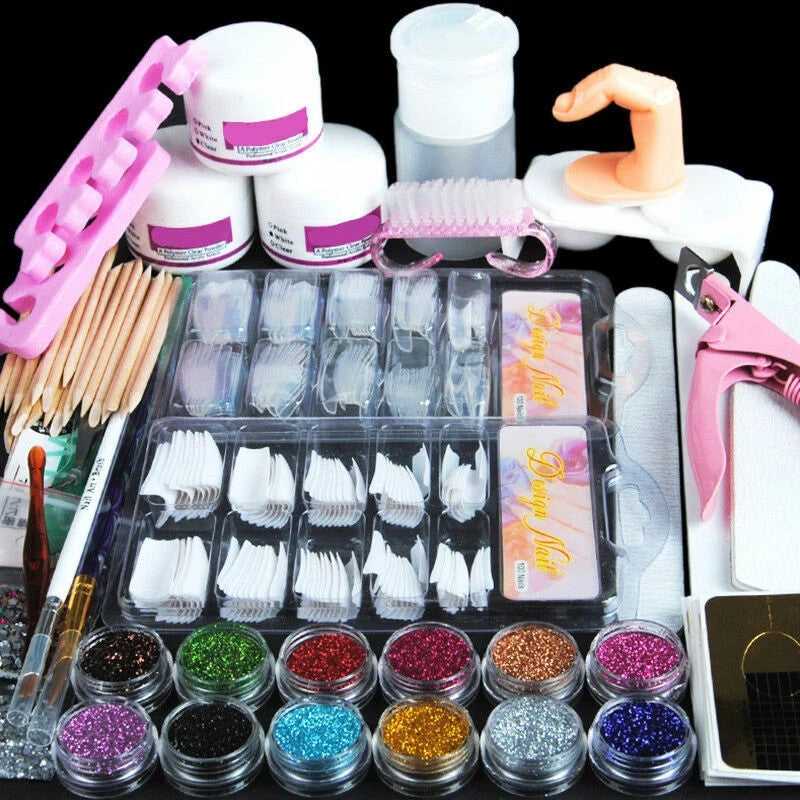 Acrylic Nail Kit with Glitter & Tools for Manicure Art - Tips, Powder, Brush Set