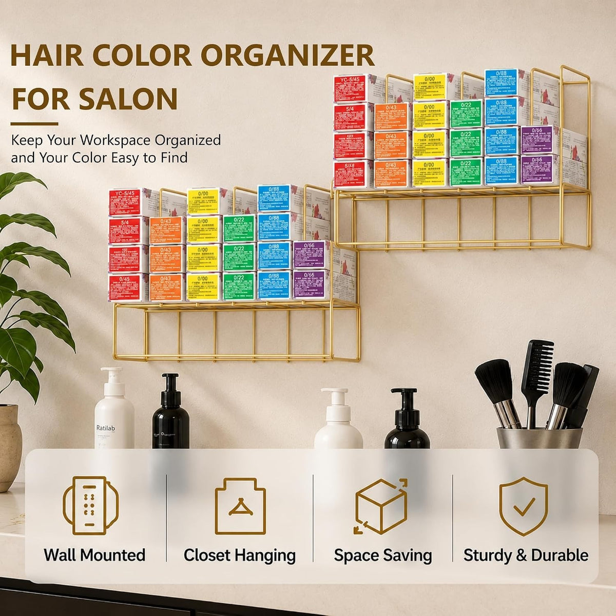 Wall Mounted Hair Color Storage Racks - Metal Organizers for Salon & Home