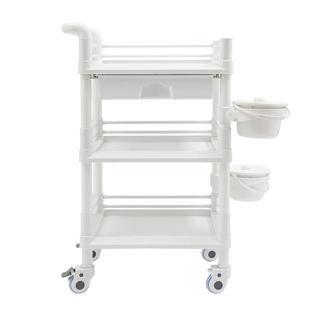 Salon Mobile Storage Cart with 3 Shelves and 2 Garbage Bins - White