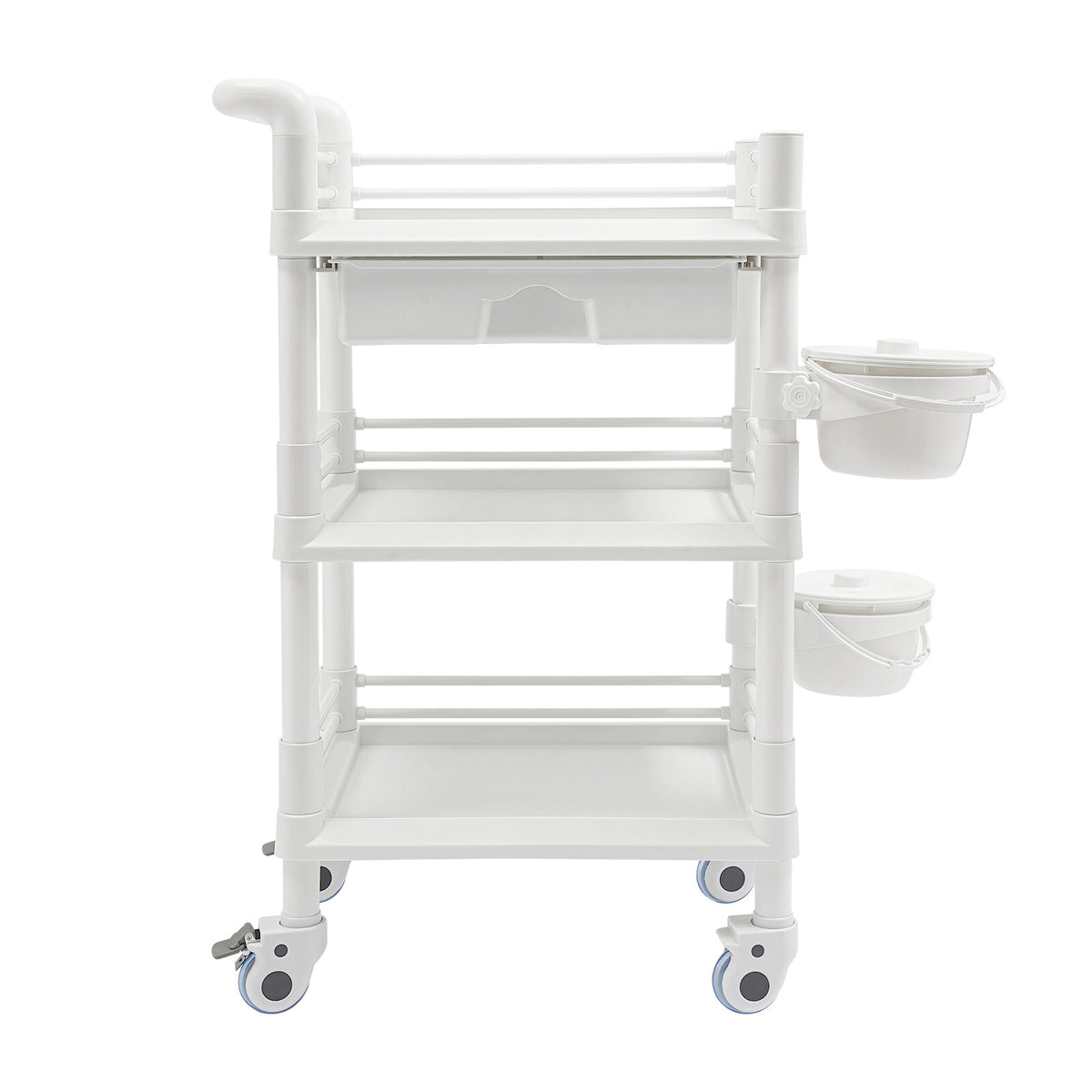 Salon Mobile Storage Cart with 3 Shelves and 2 Garbage Bins - White