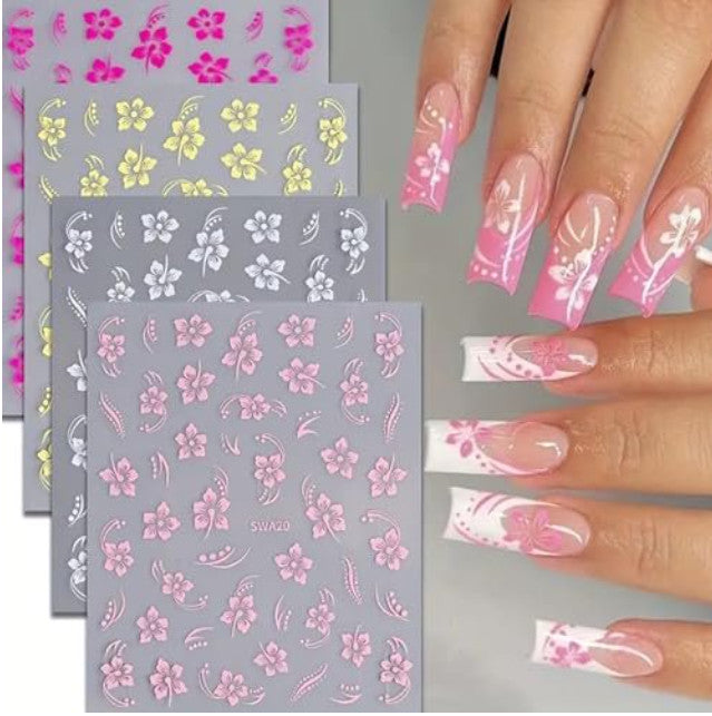 6Pcs Hibiscus Floral Nail Stickers Hawaiian Flower Vine Manicure Decals
