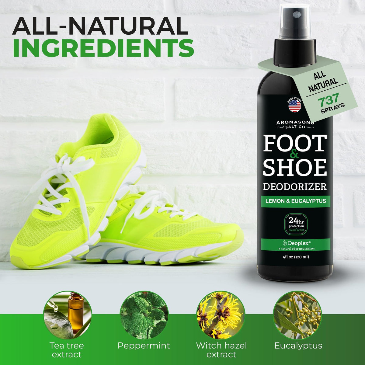 Natural Shoe Deodorizer and Foot Spray - 4 oz Pack of 2, Odor Eliminator