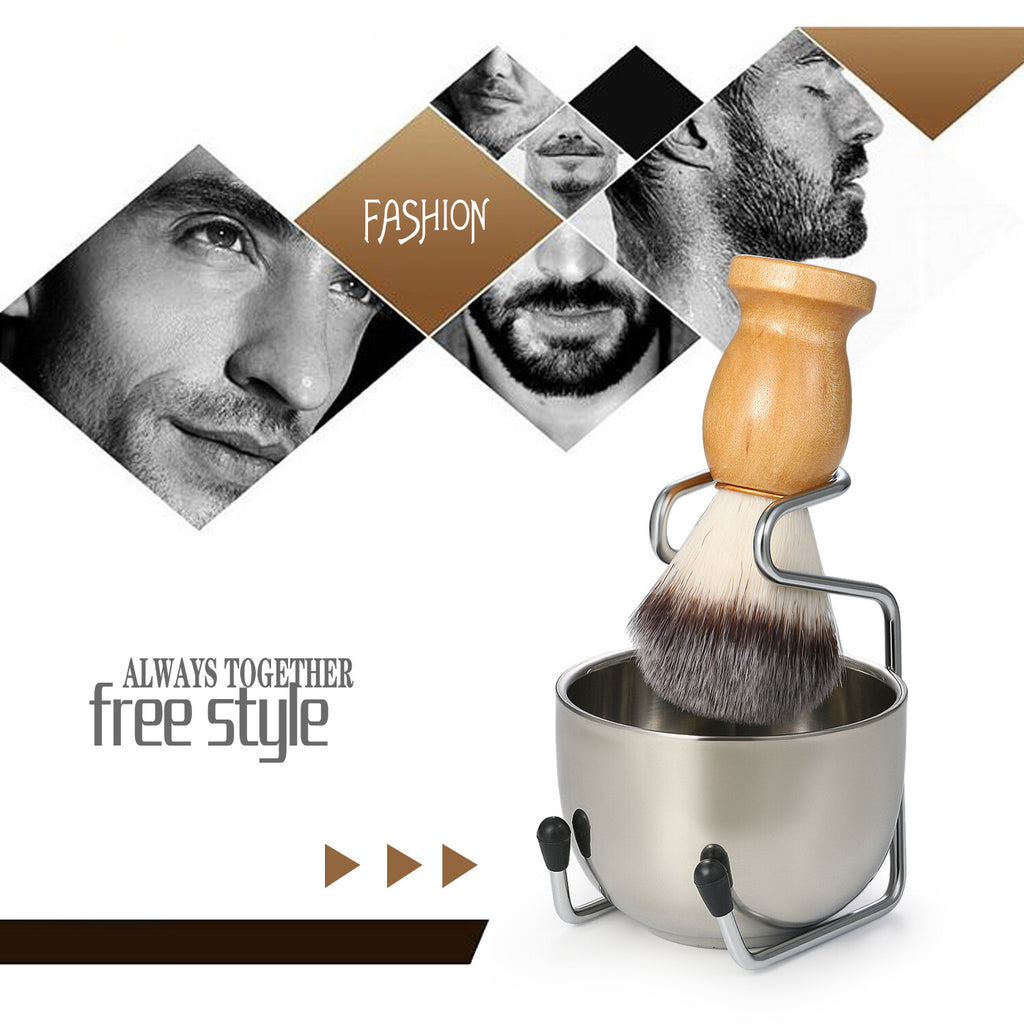 3-in-1 Men’s Shaving Brush Set with Wooden Handle & Stand — Includes Mug & Bowl