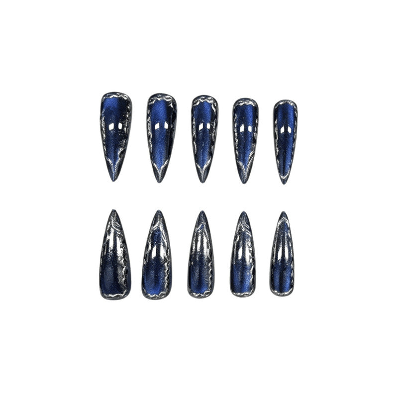 48pcs Stiletto Fake Nails with Royal Blue Mirror Silver Rim - Luxury Press-On Nails