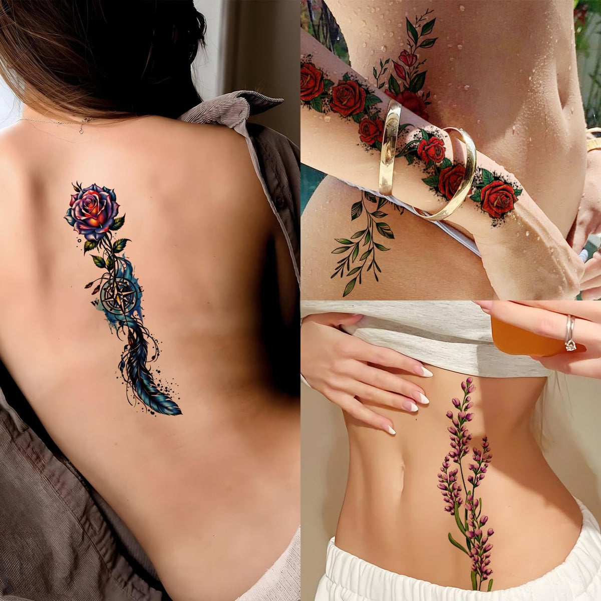 3D Flower Temporary Tattoos - Realistic 24-Sheet Floral Sleeve Set for Festival & Parties