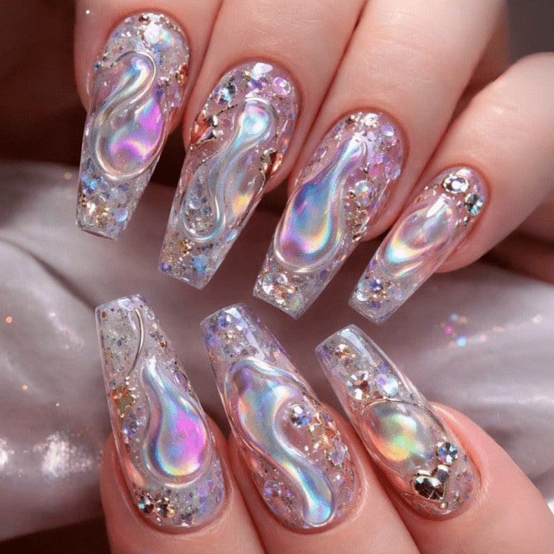 48 Pcs Iridescent Rhinestone Press-On Nails Long Coffin Nude Elegant Fake Nails