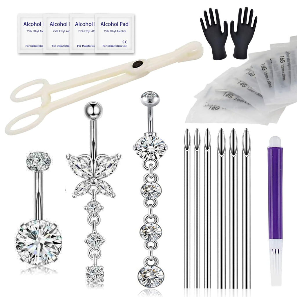 Belly Button Piercing Kit 17PCS - Stainless Steel Needles & Tools for Beginners