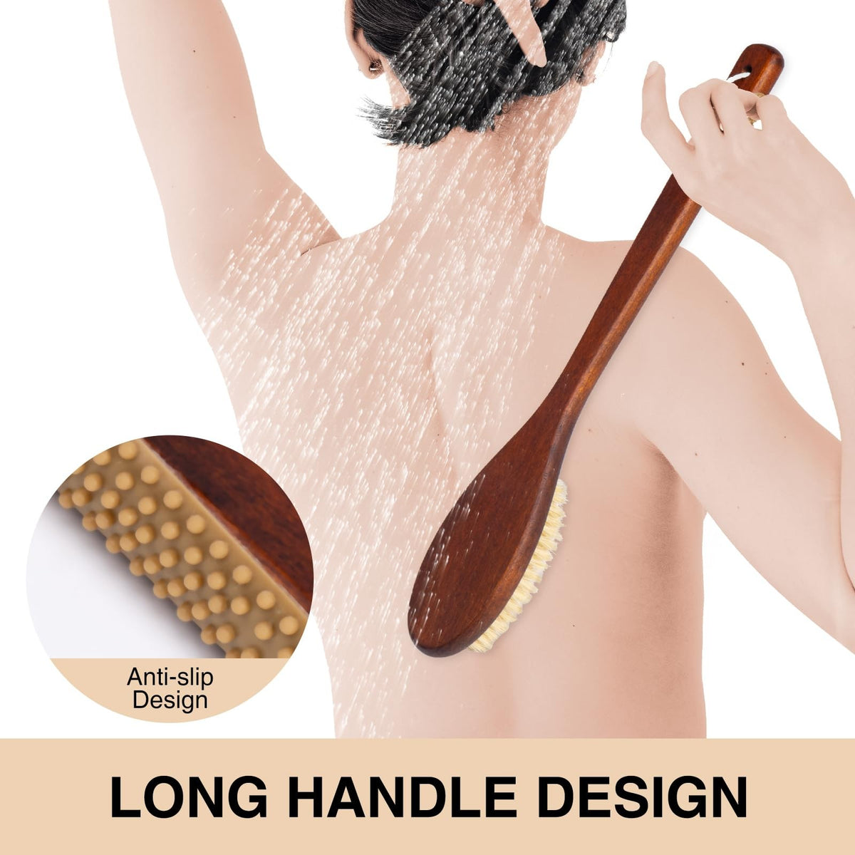 Wooden Bath Brush with Stiff Sisal Bristles Long Handle for Shower Back Scrubber