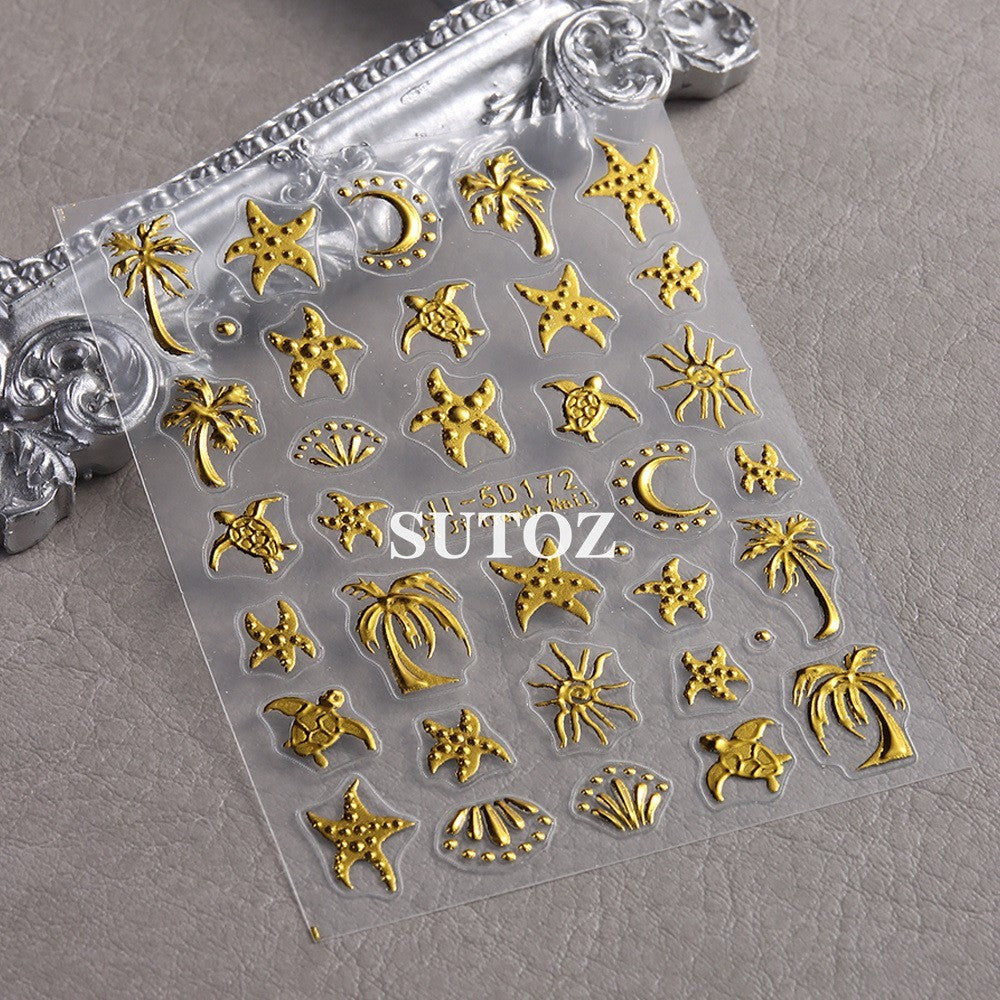 Gold Ocean Starfish Turtle Sun Palm Tree 5D Nail Stickers Embossed Decal