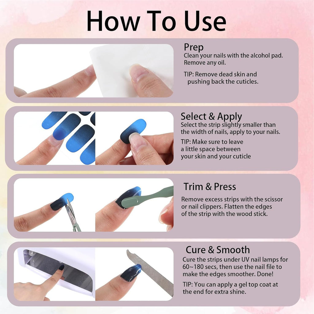 Gel Nail Stickers 8 Sheets Semi-Cured UV Ready Nail Wraps for Salon-Quality Manicure