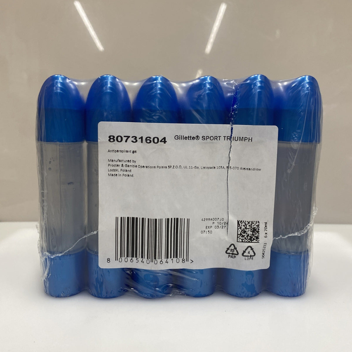 Gillette Sport Triumph Antiperspirant Deodorant Clear Gel Stick 70ml 6 Pack