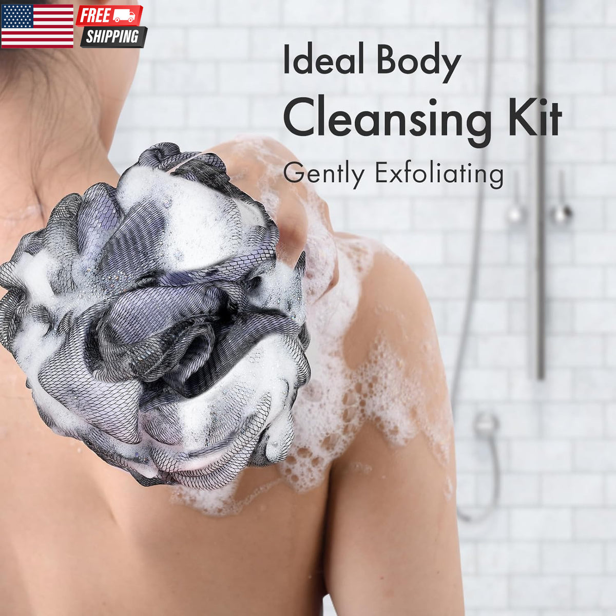 Charcoal Loofah Body Sponge Set of 4 - Exfoliating Shower Loofahs for Men & Women