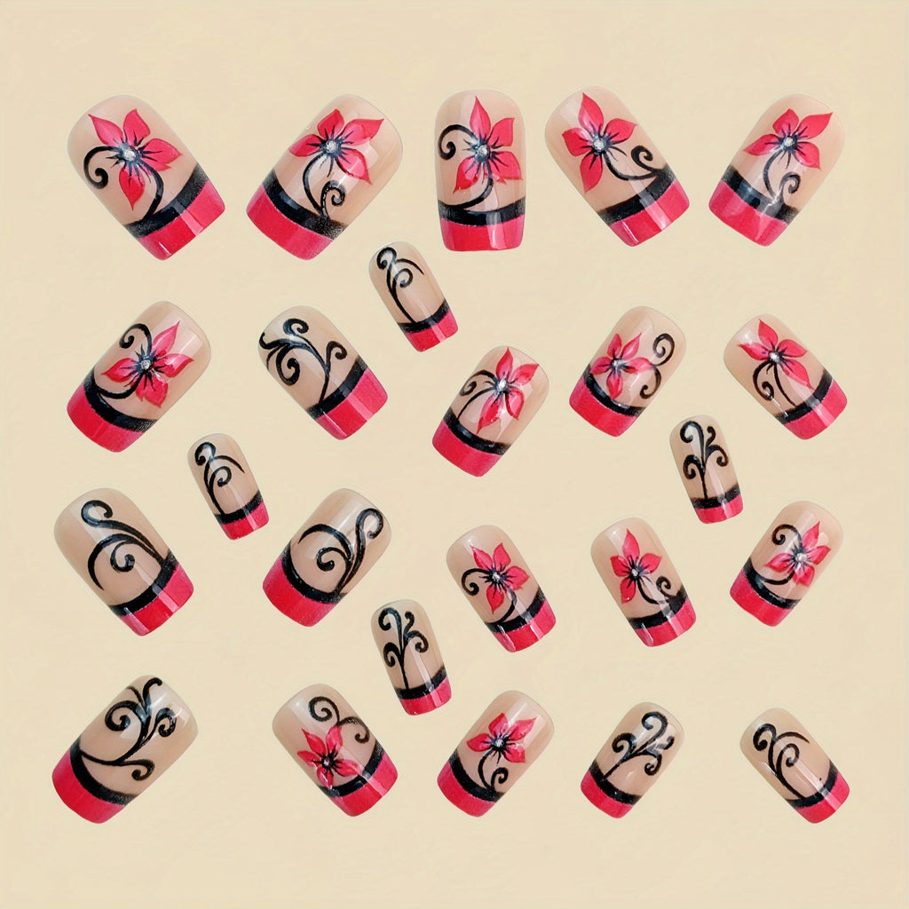 48Pcs Reusable Press-On Nails Set - Pink Black Floral Square Fake Nails