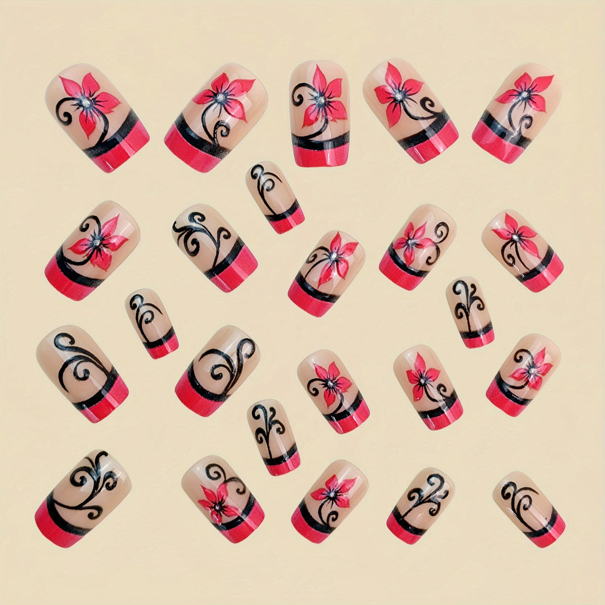 48Pcs Reusable Press-On Nails Set - Pink Black Floral Square Fake Nails