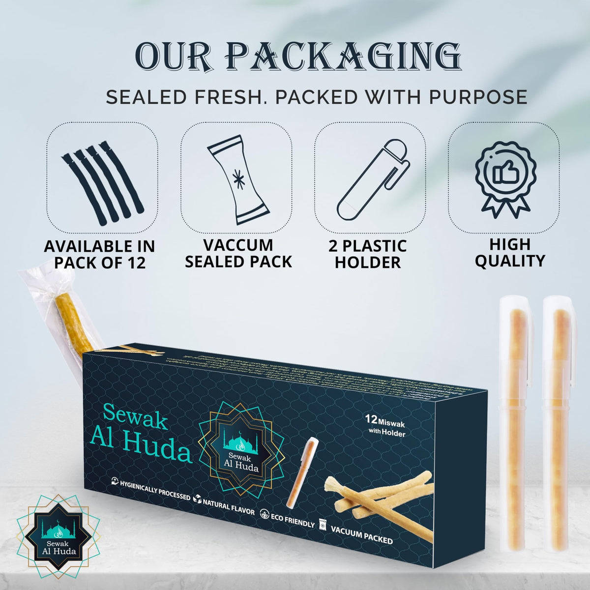 Natural Miswak Tooth Sticks with Holder - Pack of 12 for Oral Hygiene