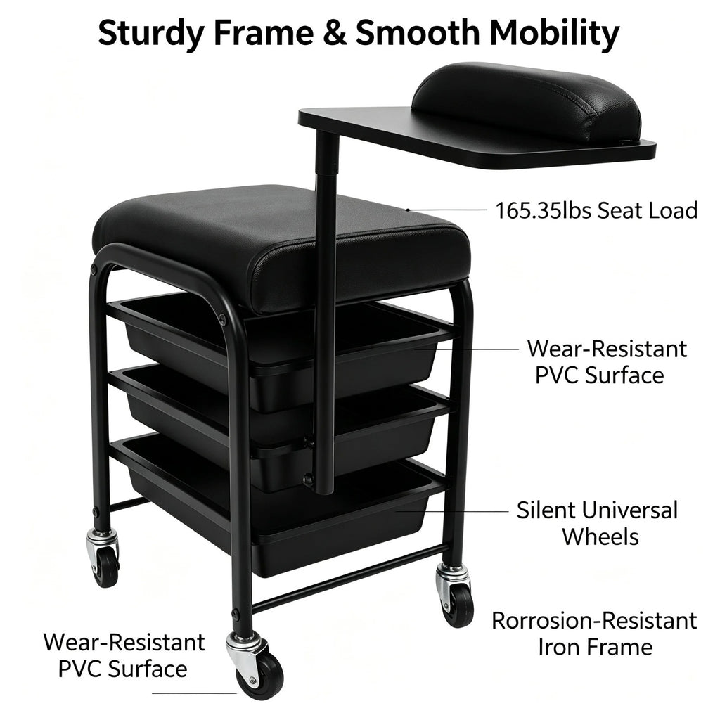 Salon Storage Trolley Cart with 3 Drawers & 360° Rotating Hand Rest - Professional Nail & Beauty Station