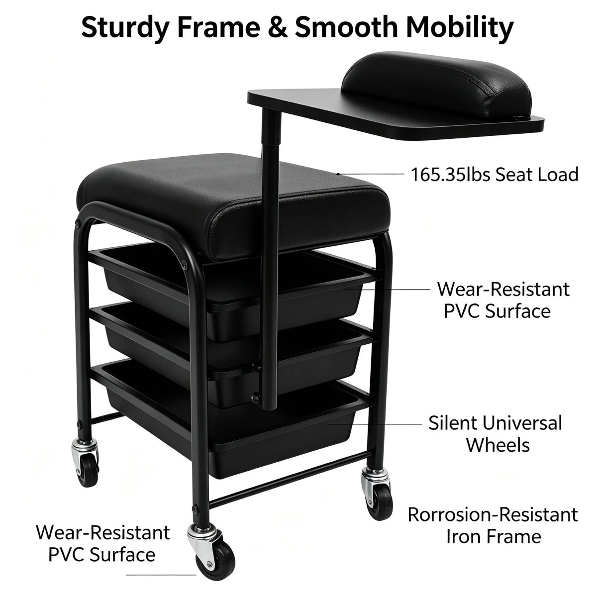 Salon Storage Trolley Cart with 3 Drawers & 360° Rotating Hand Rest - Professional Nail & Beauty Station
