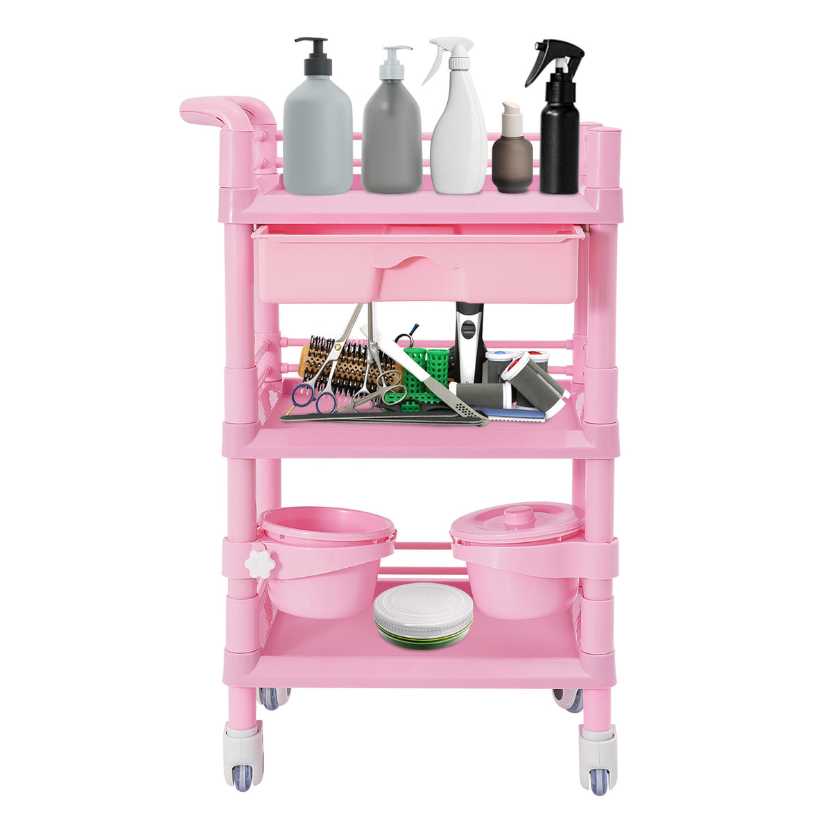 Salon Storage Cart with 3 Tiers and Drawer Pink Mobile Organizer