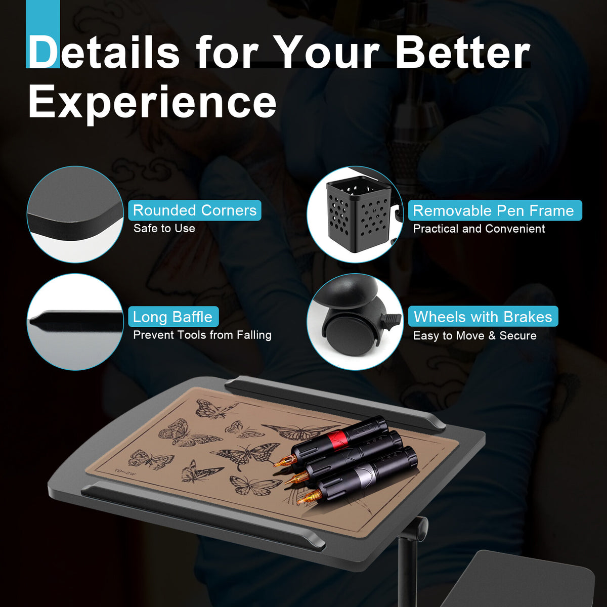 Mobile Tattoo Workstation Arm Rest Table - Adjustable Rolling Tray Stand
