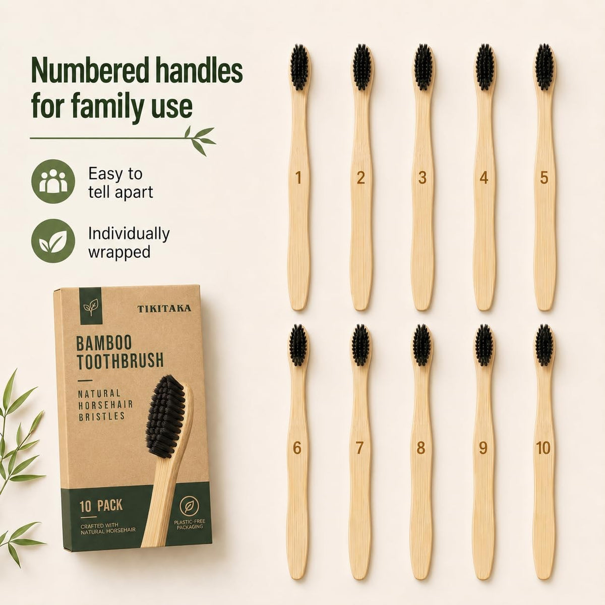 Eco-Friendly Horse Hair Bamboo Toothbrush Set of 10 - Plastic-Free Natural Oral Care