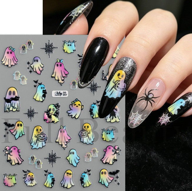 Rainbow Ghost Bat Cat Halloween Nail Stickers 2 Sheets 3D Embossed Decals