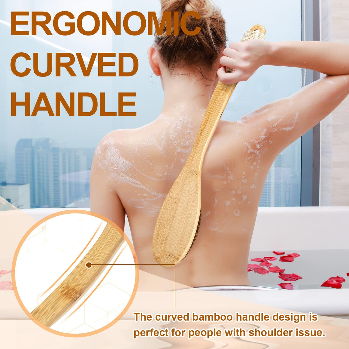 Wood Curved Bath Brush with Long Handle for Back Exfoliation