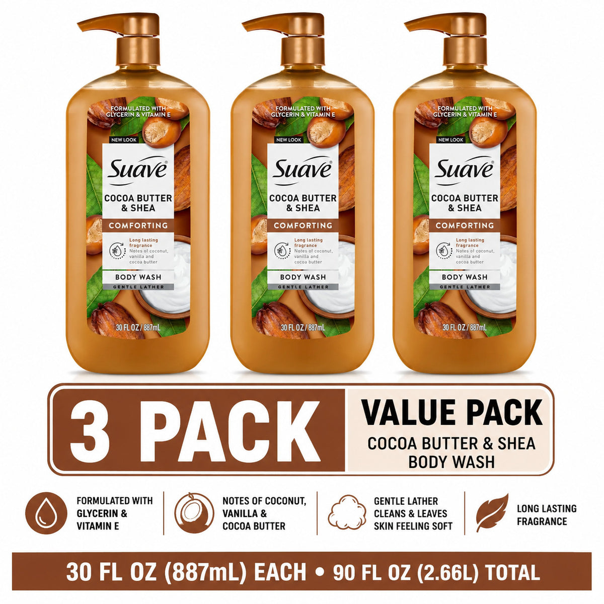 3 Pack Cocoa Butter Shea Moisturizing Body Wash with Vitamin E - 90 fl oz