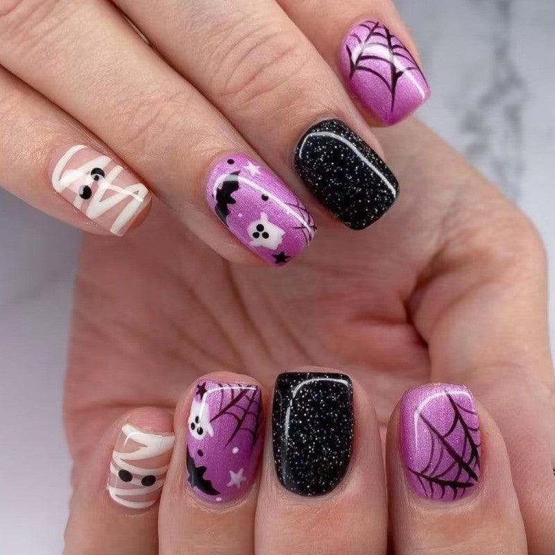 48P Short Square Press-On Nails Halloween Purple Glitter Ghost & Mummy Fake Nails