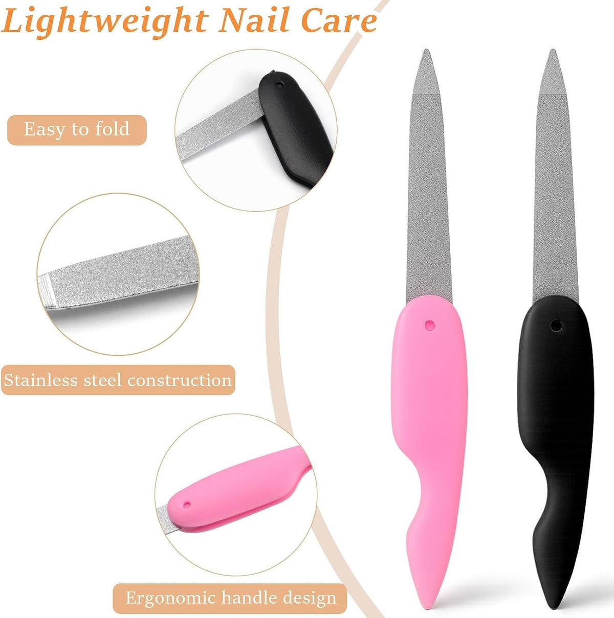 4-Pack Stainless Steel Foldable Nail Files - Double-Sided Manicure Tools