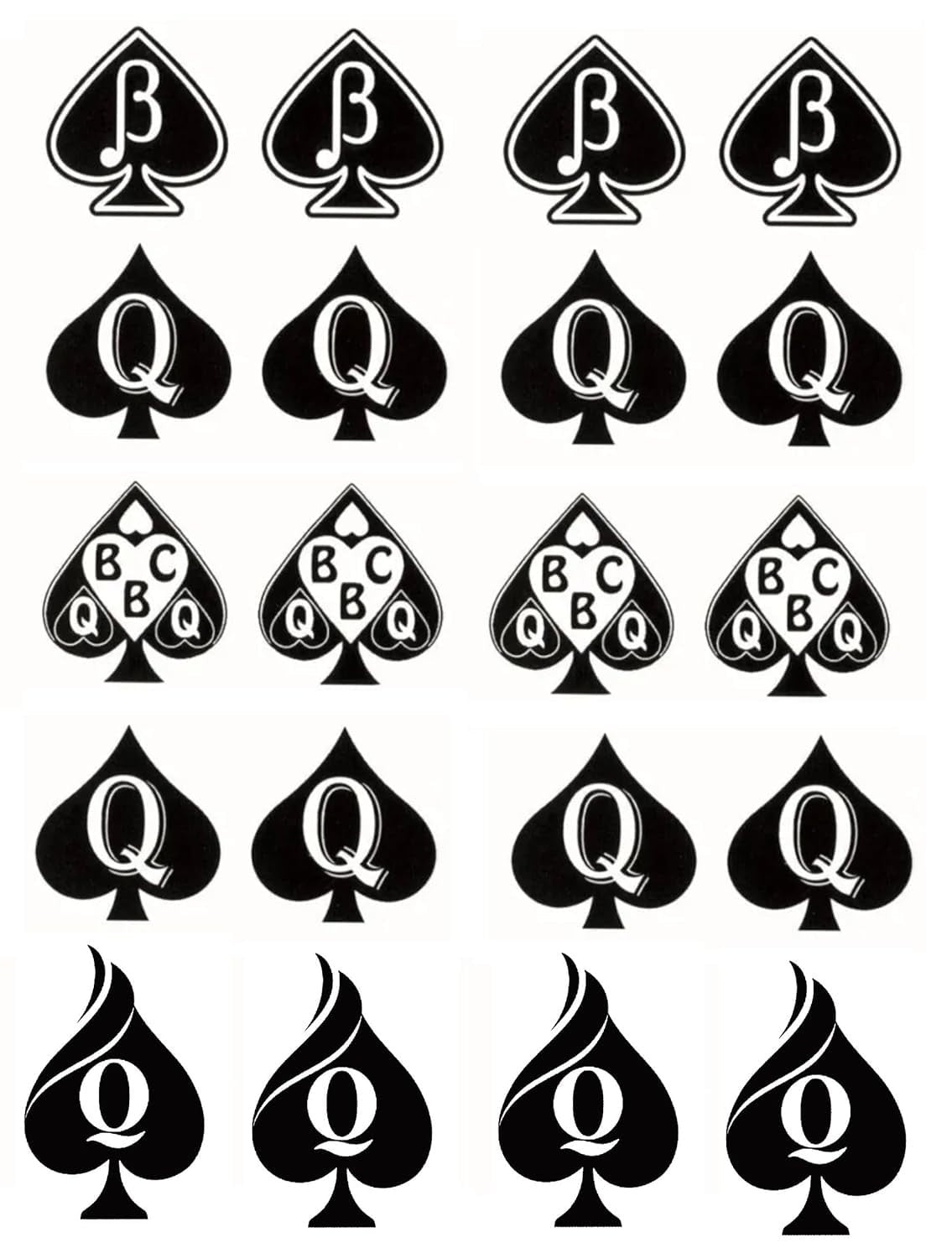 Temporary Queen of Spades Tattoo Stickers - 4 Sheets, 81 Designs