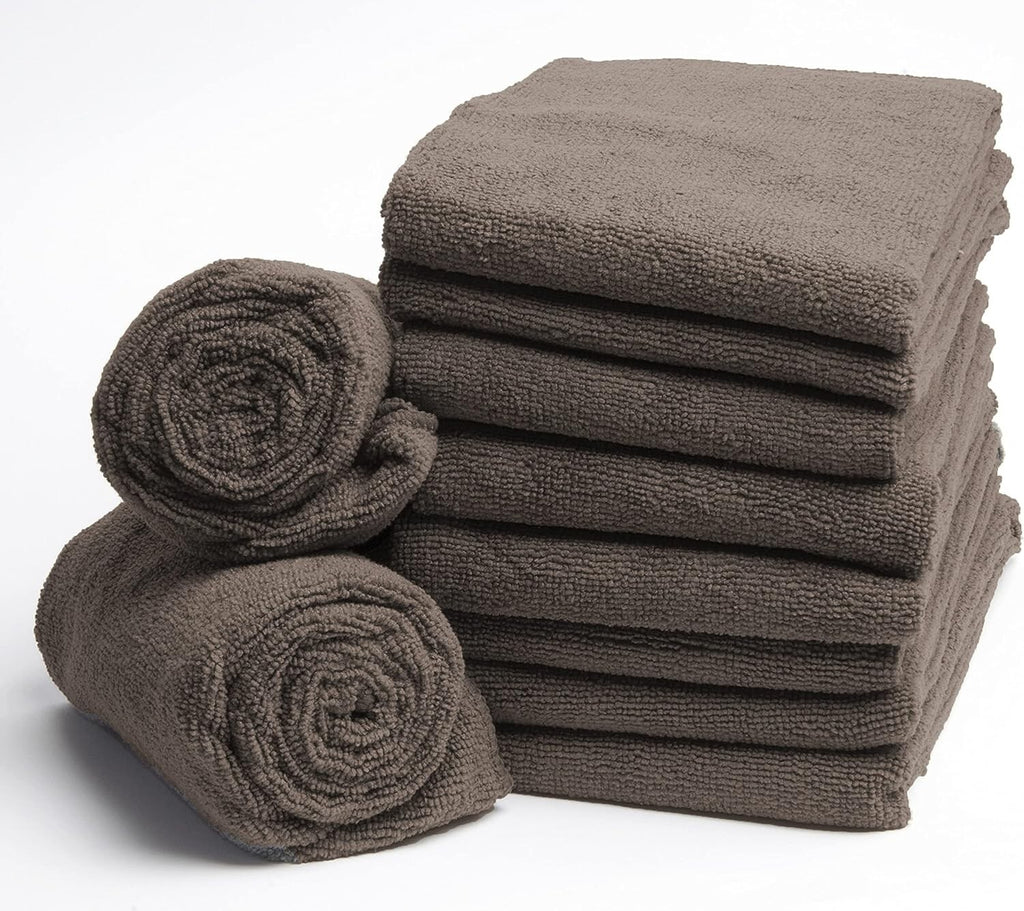 Microfiber Salon Hair Towels Set of 10 16x29 Inches - Brown, Quick Dry & Gentle