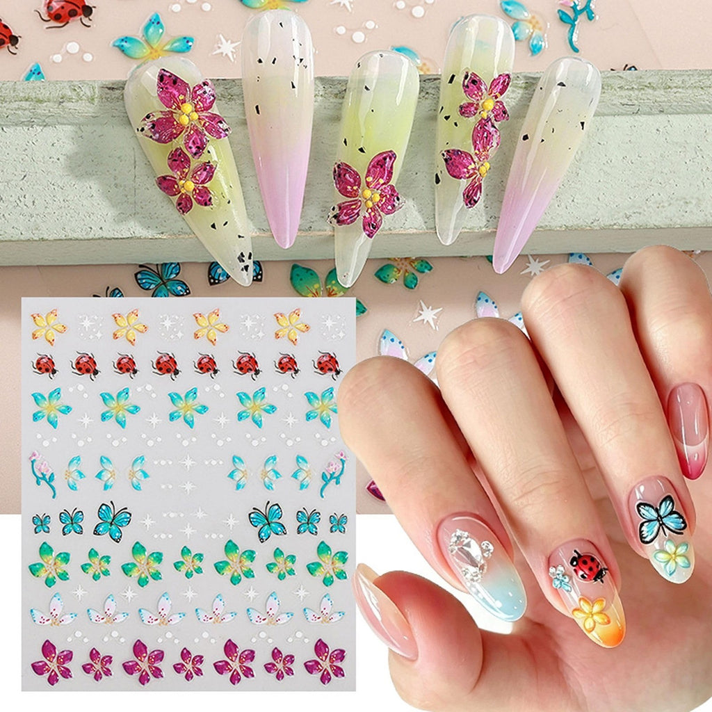 3 Sheets 5D Tropical Floral Nail Art Stickers with Tweezers - Embossed Design