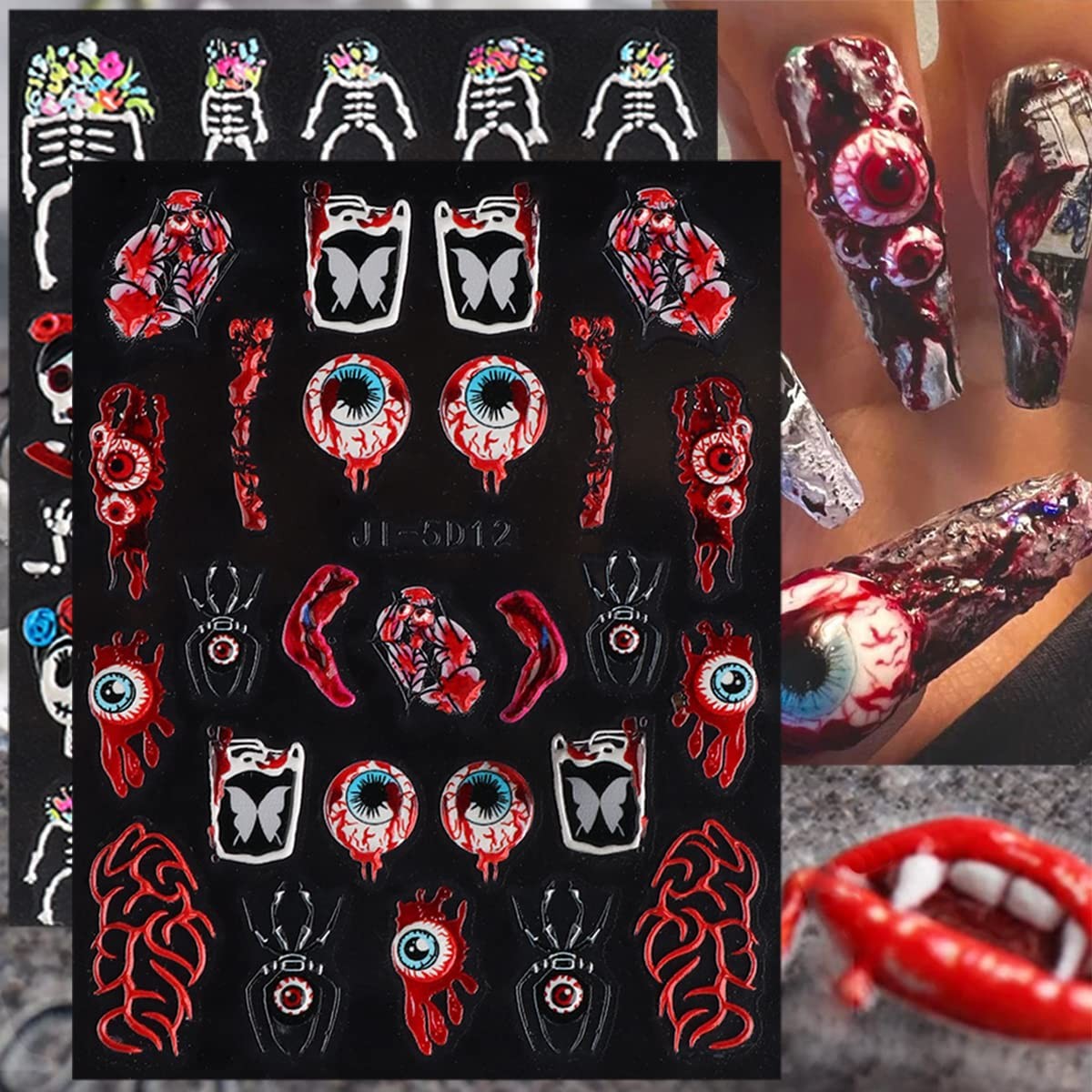 Halloween Nail Stickers 8 Sheets 5D Embossed Skull & Gothic Designs